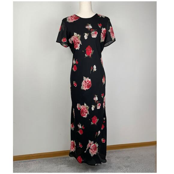 VTG 90s My Michelle Floral Maxi Dress Black Red Y2K Fairy Grunge Dark Romance